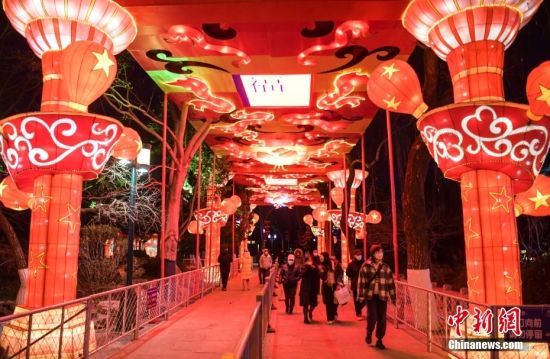 1月19日，春节临近，山东济南趵突泉景区内花灯璀璨，吸引民众前来赏灯。 中新社记者 张勇 摄 　