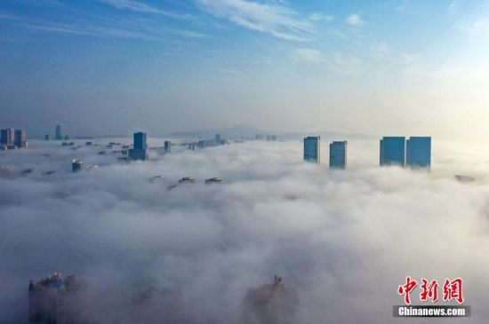 6月2日，山东省日照市东港区沿海出现平流雾景观，从海上飘来的雾气飘飘渺渺，上空俯瞰海滨城市宛如仙境。（无人机照片）