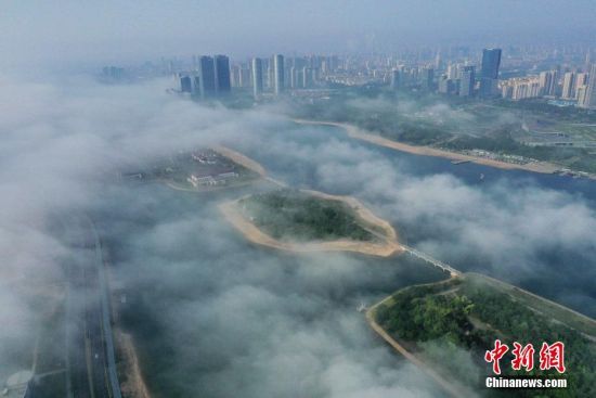 6月2日，山东省日照市东港区沿海出现平流雾景观，从海上飘来的雾气飘飘渺渺，上空俯瞰海滨城市宛如仙境。（无人机照片）
